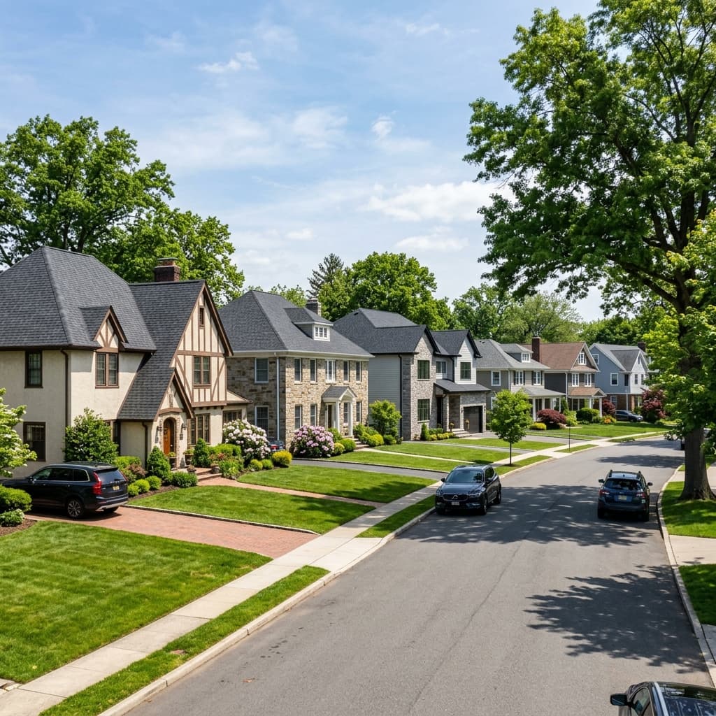A beautiful, quiet suburban street in Englewood NJ showing homes with newly installed architectural roofs