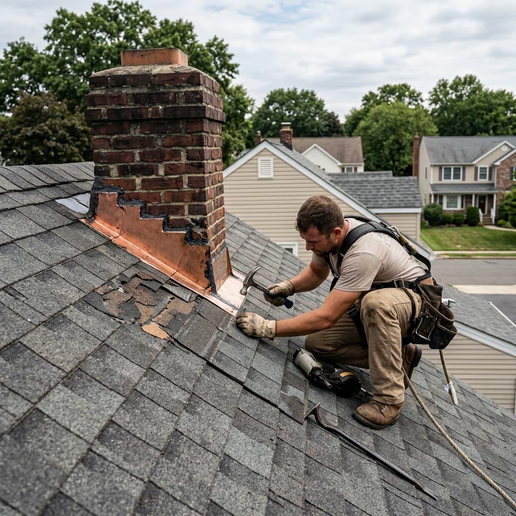 Professional evaluating a residential roof in Farmingdale NJ