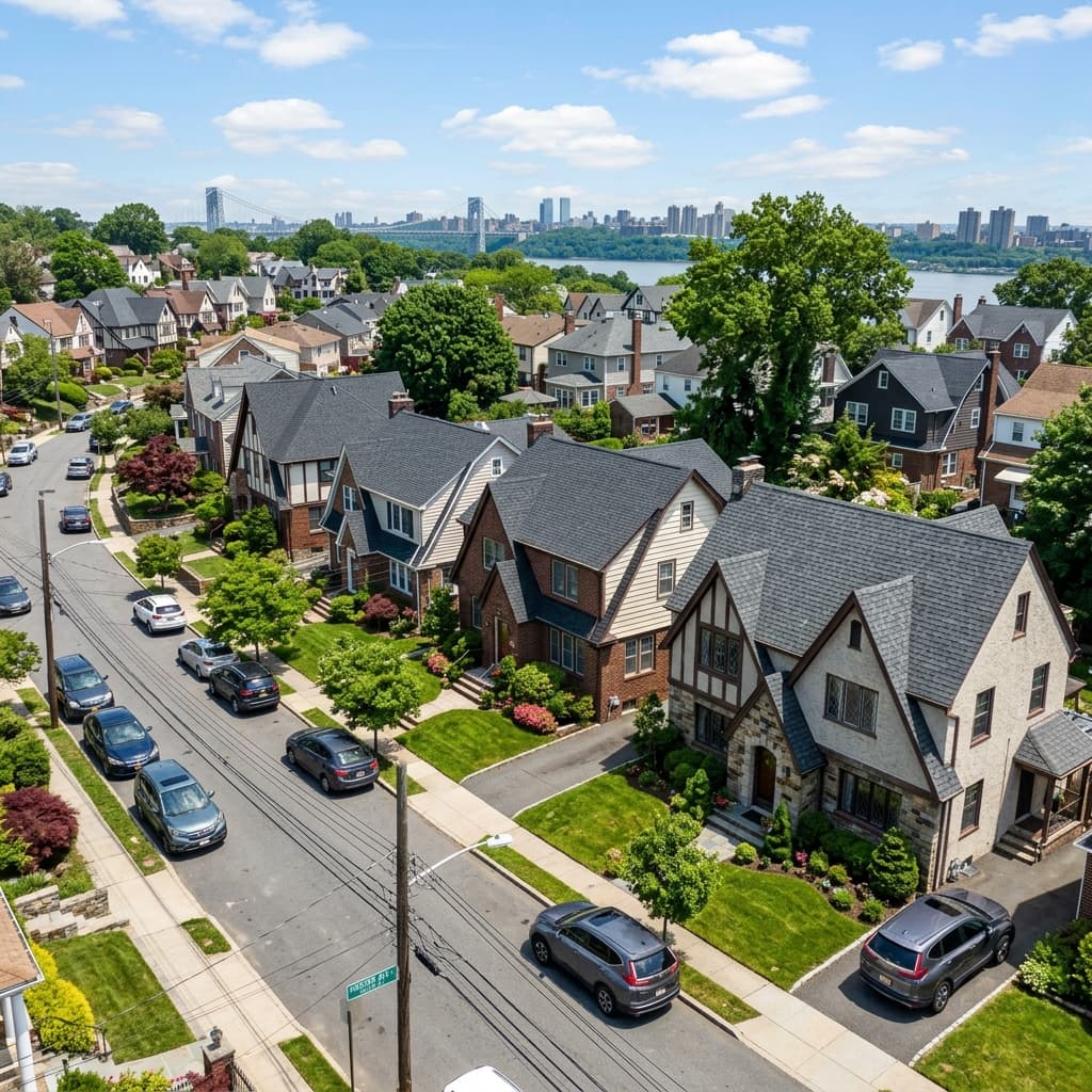 A densely populated residential neighborhood in Fort Lee NJ with new roofing installations