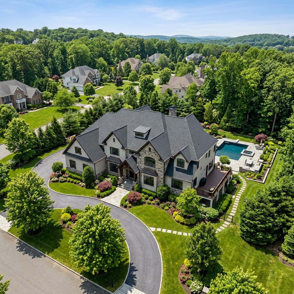 High-end residential home in Hanover Township, NJ with an architectural shingle roof