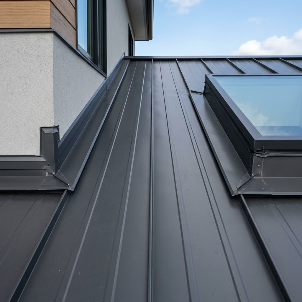 Close up of a modern standing seam metal roof installation