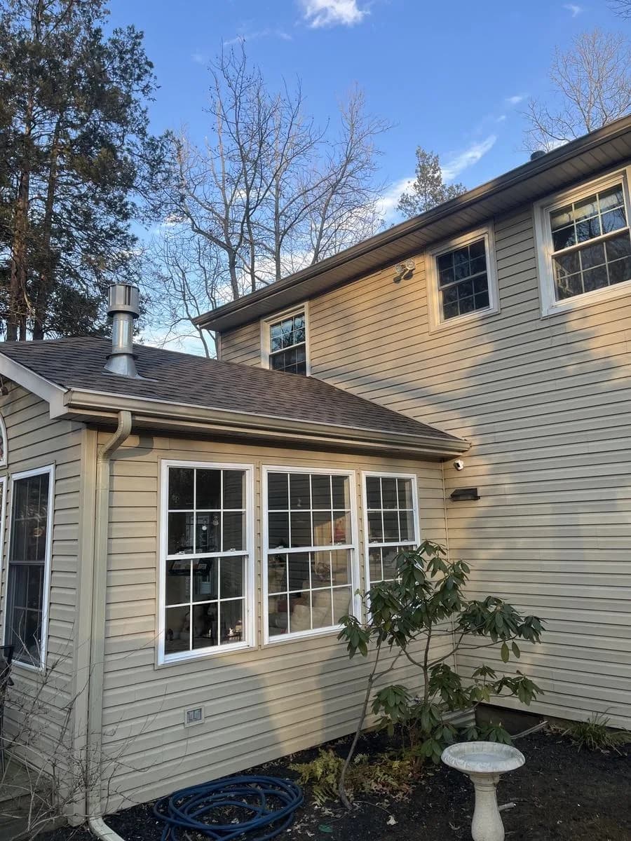 Side gable with new GAF Timberline HDZ Barkwood shingles and bay window — Cherry Hill Township