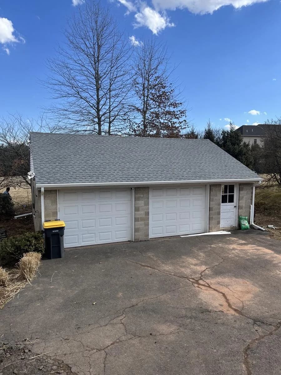 Detached two-car garage with new GAF Timberline HDZ Oyster Gray roof — Hillsborough Township