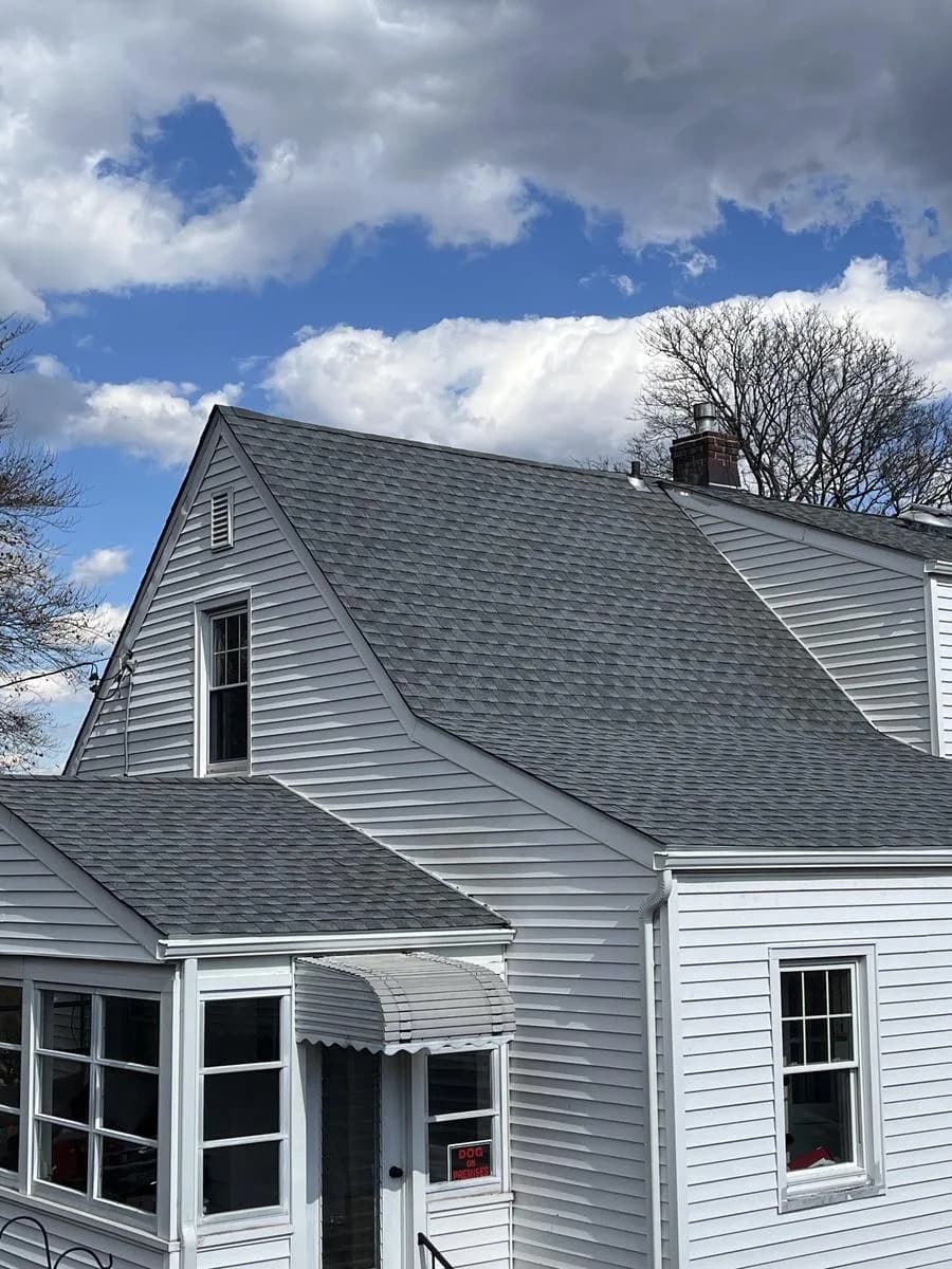 Front view of cape with new GAF Timberline HDZ Oyster Gray roof and chimney detail — Hillsborough Township