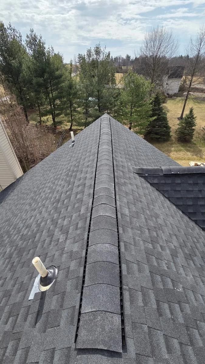 Aerial ridge view across new GAF Timberline HDZ roof, Raritan Township neighborhood