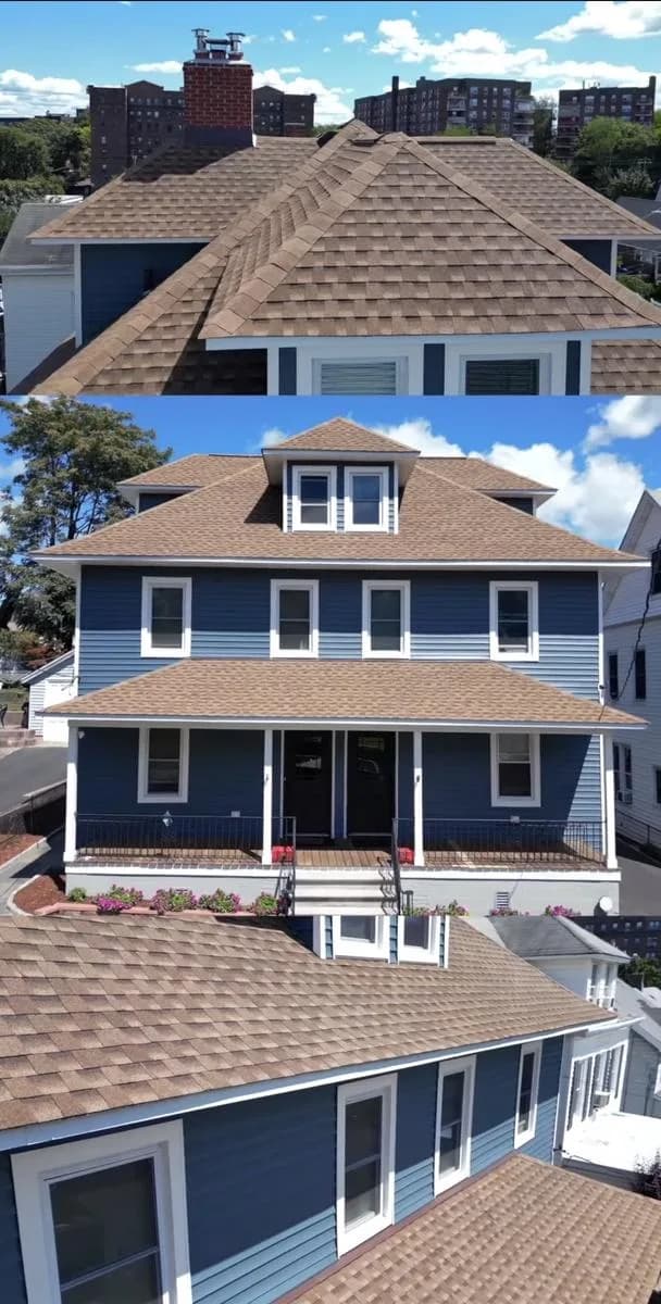 Before-and-after split view of New Rochelle exterior renovation — old vs new siding and roof