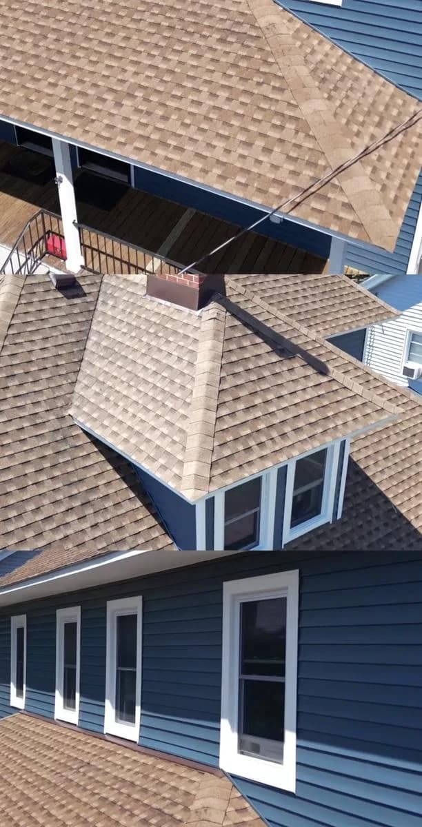 Detail composite showing porch roof shingles and rebuilt chimney with new flashing — New Rochelle