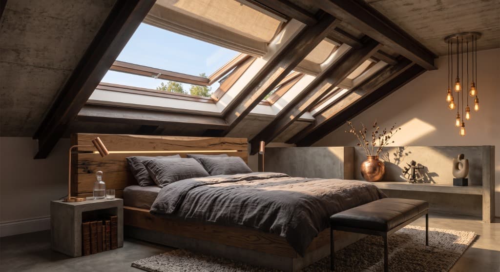 Loft bedroom with multiple skylights
