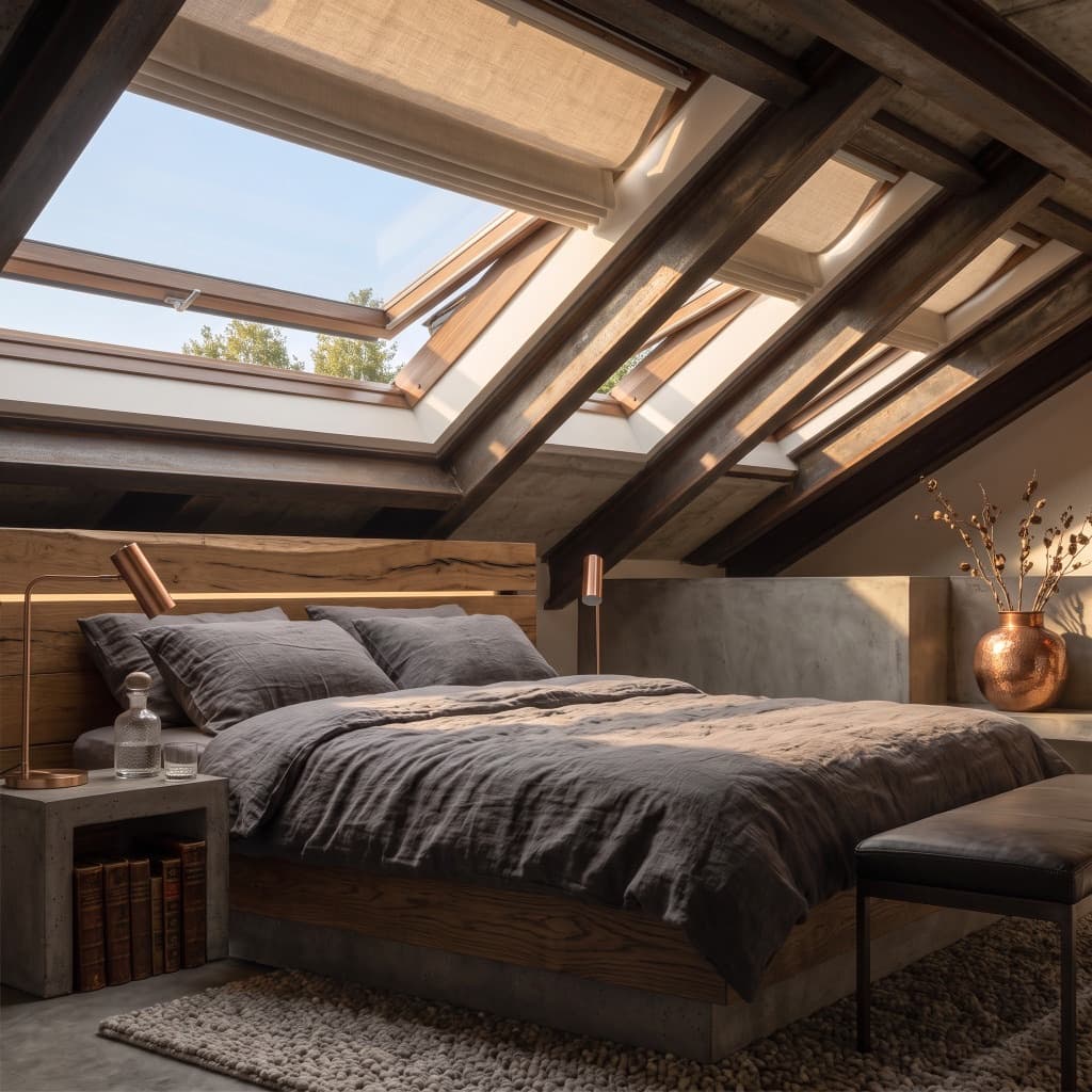 Luxury loft bedroom with multiple open skylights and exposed wood beams