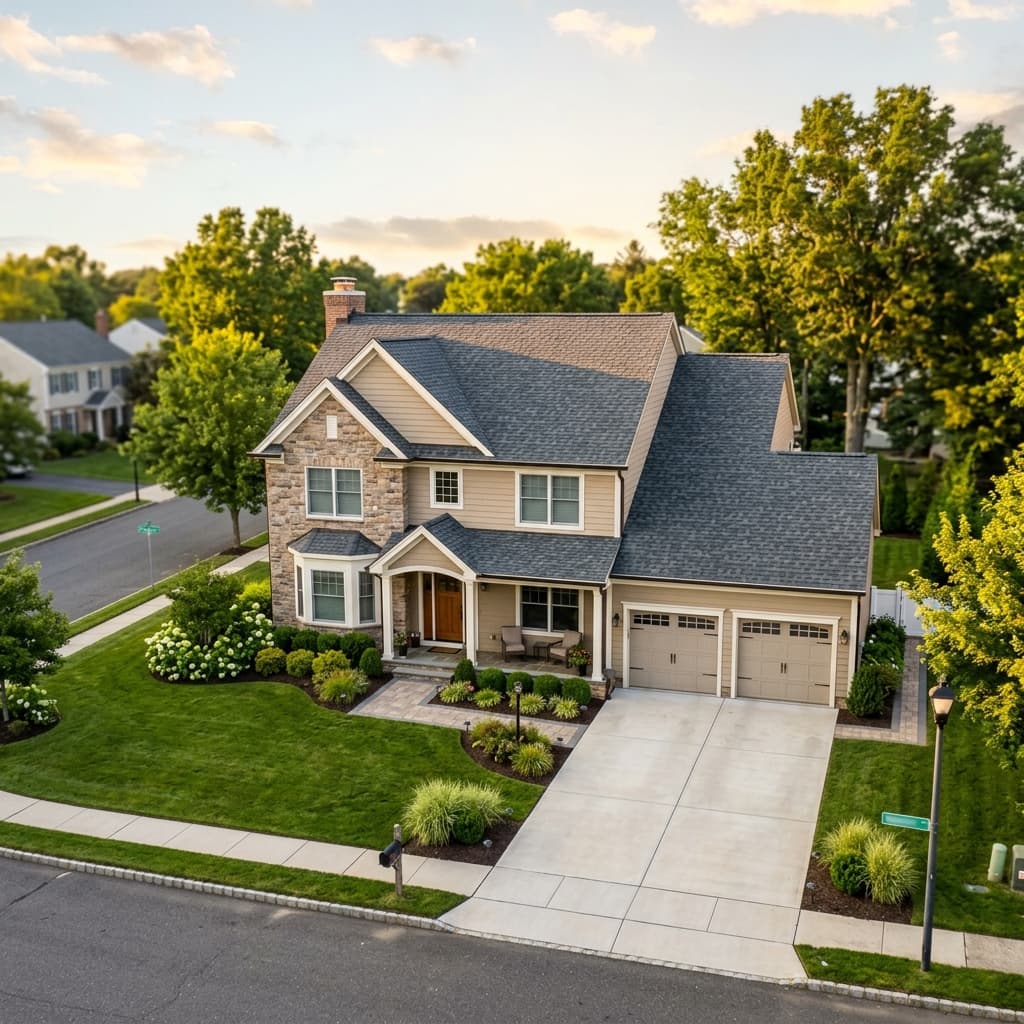 Finished architectural shingle roof on a New Jersey suburban home