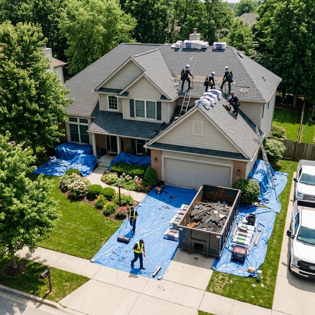 Roofing crew working safely and cleaning up debris