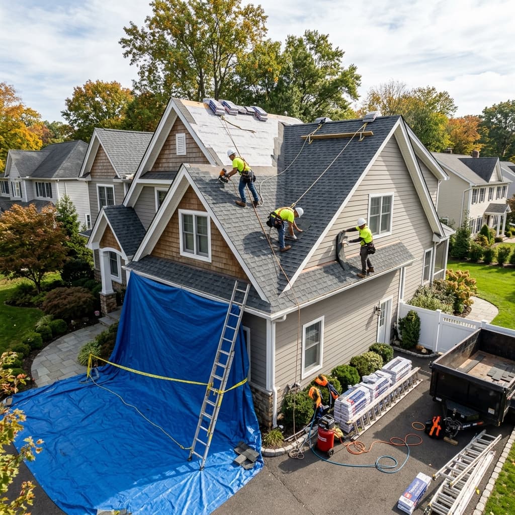 Roofer installing shingles