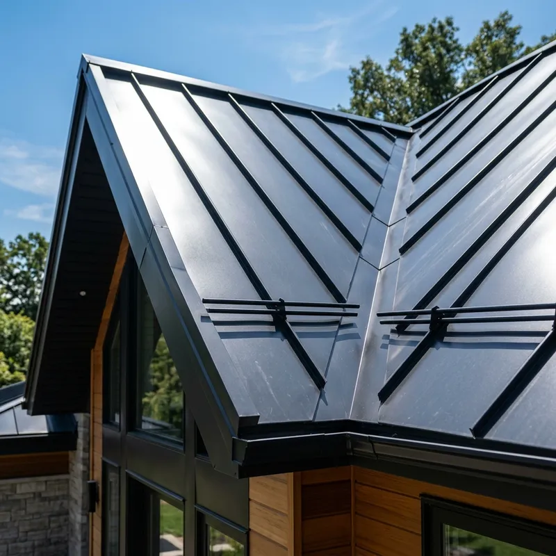 Close up architectural detail of a premium standing seam metal roof