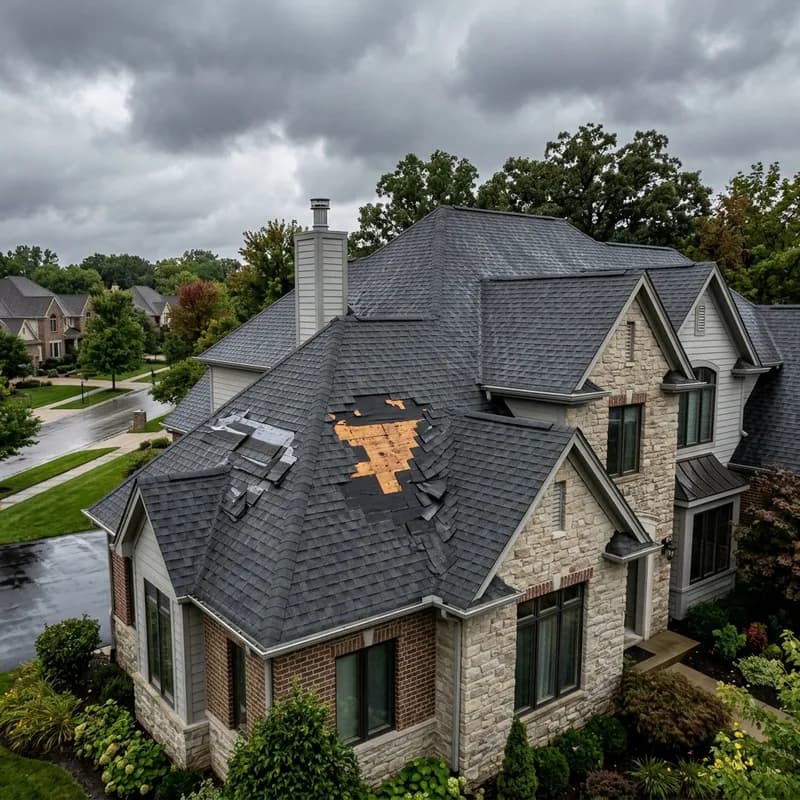 Residential roof on a luxury suburban home showing storm damage